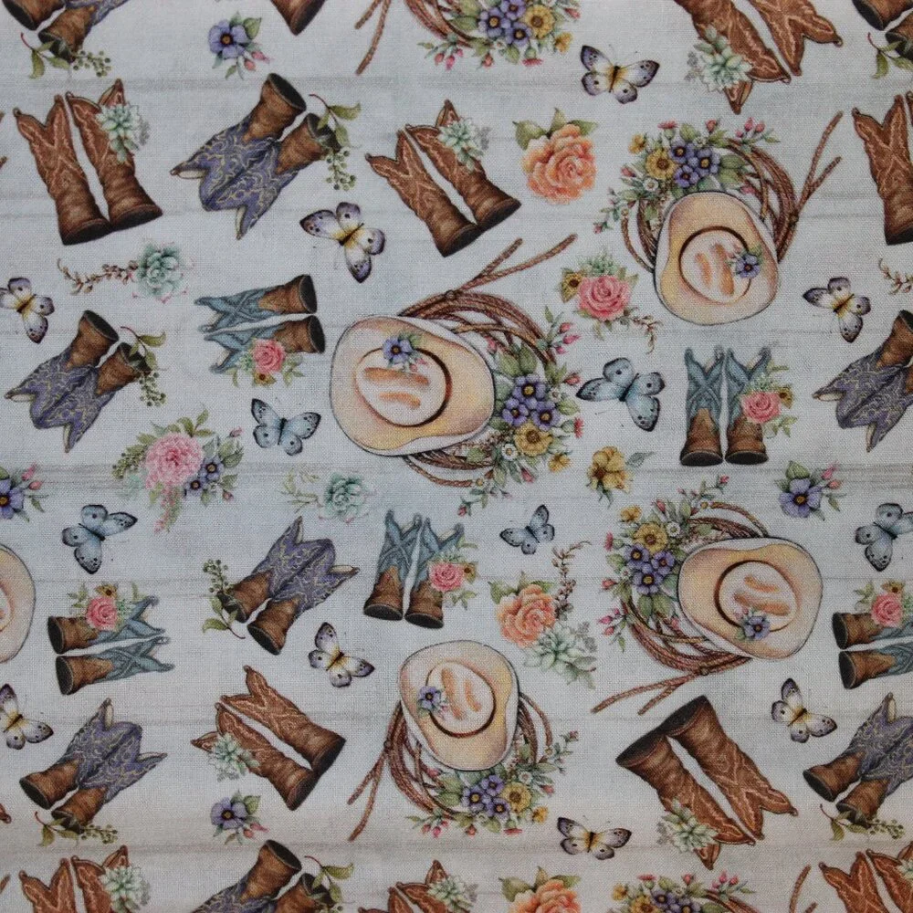 One Yard Cotton Fabric TOSSED BOOTS Cowboy Boots Hats Flowers on Blue